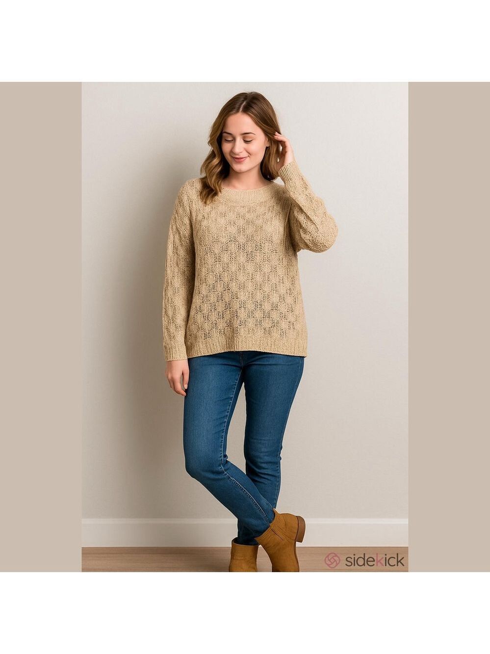 Sundance Open Knit Sweater Asymmetrical Tan Long Sleeve Boatneck Cotton Boxy L